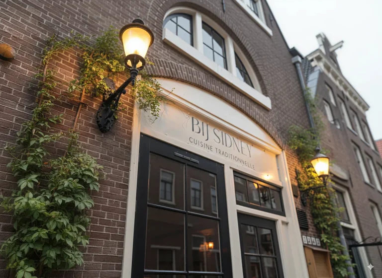 Verlichte entree met het opschrift Bij Sidney in de bakstenen gevel — Bij Sidney