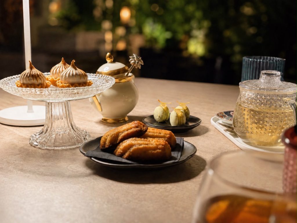 Tafel met koffie, servies en kleine gerechten — Restaurant La Provence