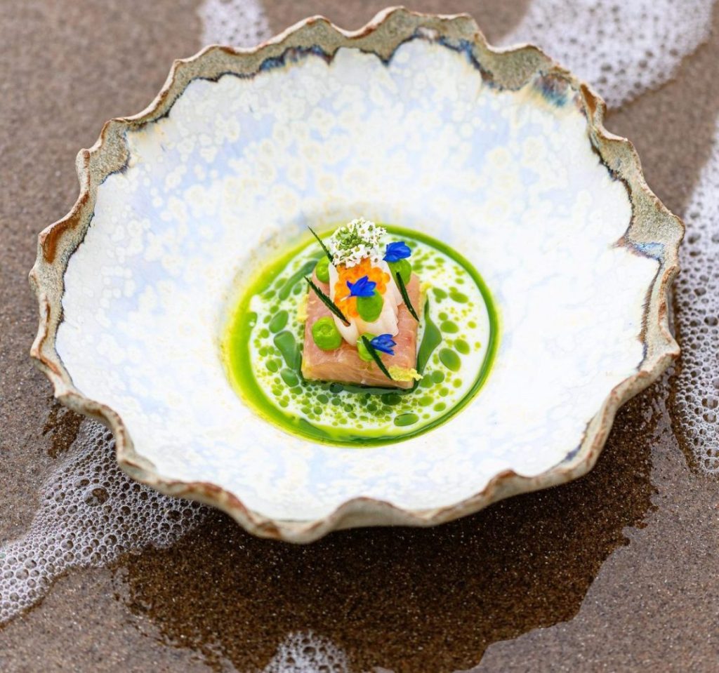 Modern opgemaakt gerecht met groene saus op organisch gevormd bord.