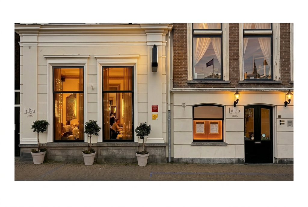 Gevel van Brasserie Lalou met verlichte ramen en planten.